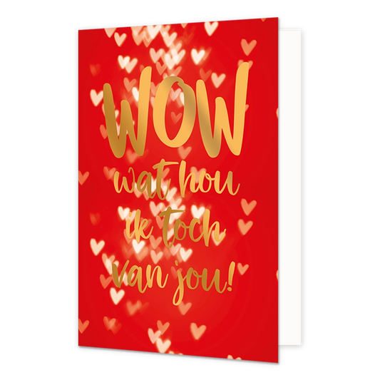 Wow wat hou ik toch van jou! - Formaat: Normaal - Vorm: Staand - Valentijnskaart - Op deze wenskaart staan wite en beige hartjes op een rode achtergrond met de gouden tekst: "Wow wat hou ik toch van jou!". - Snelwenskaart