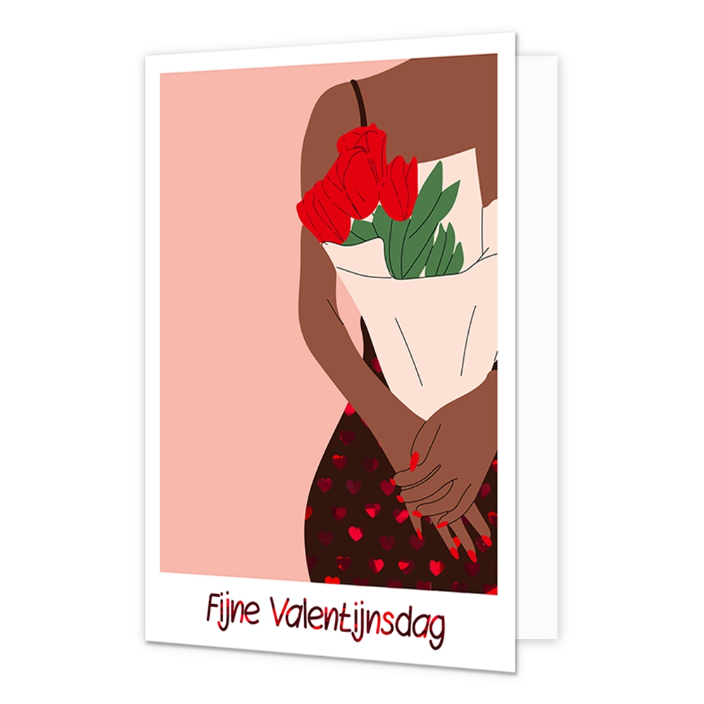 Op deze wenskaart staat een vrouw die aan bos rode rozen vasthoudt met daaronder de tekst: "Fijne Valentijnsdag".