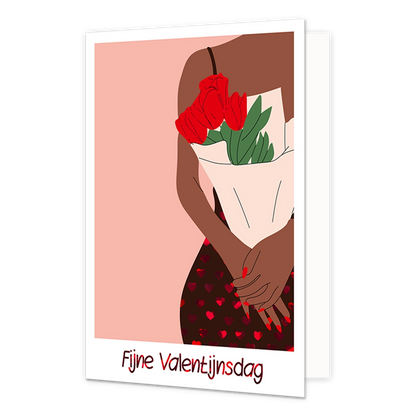 Op deze wenskaart staat een vrouw die aan bos rode rozen vasthoudt met daaronder de tekst: "Fijne Valentijnsdag".