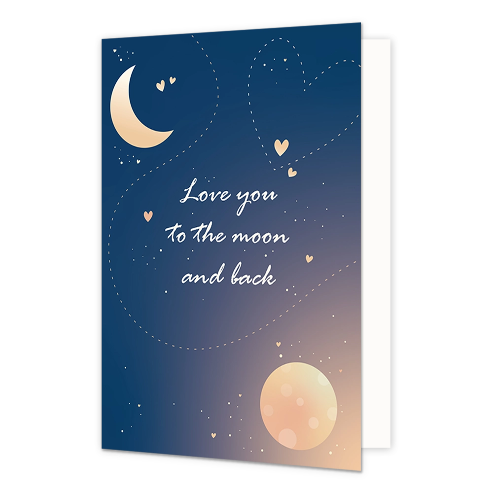 Love you to the moon and back - Formaat: Normaal - Vorm: Staand - Valentijnskaart - Op deze wenskaart staat de ruimte met de zon en de maan en in het midden de tekst: "Love you to the moon and back". - Snelwenskaart