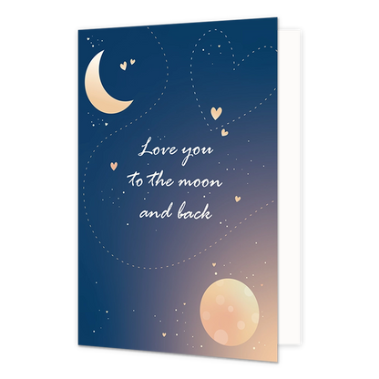 Love you to the moon and back - Formaat: Normaal - Vorm: Staand - Valentijnskaart - Op deze wenskaart staat de ruimte met de zon en de maan en in het midden de tekst: "Love you to the moon and back". - Snelwenskaart