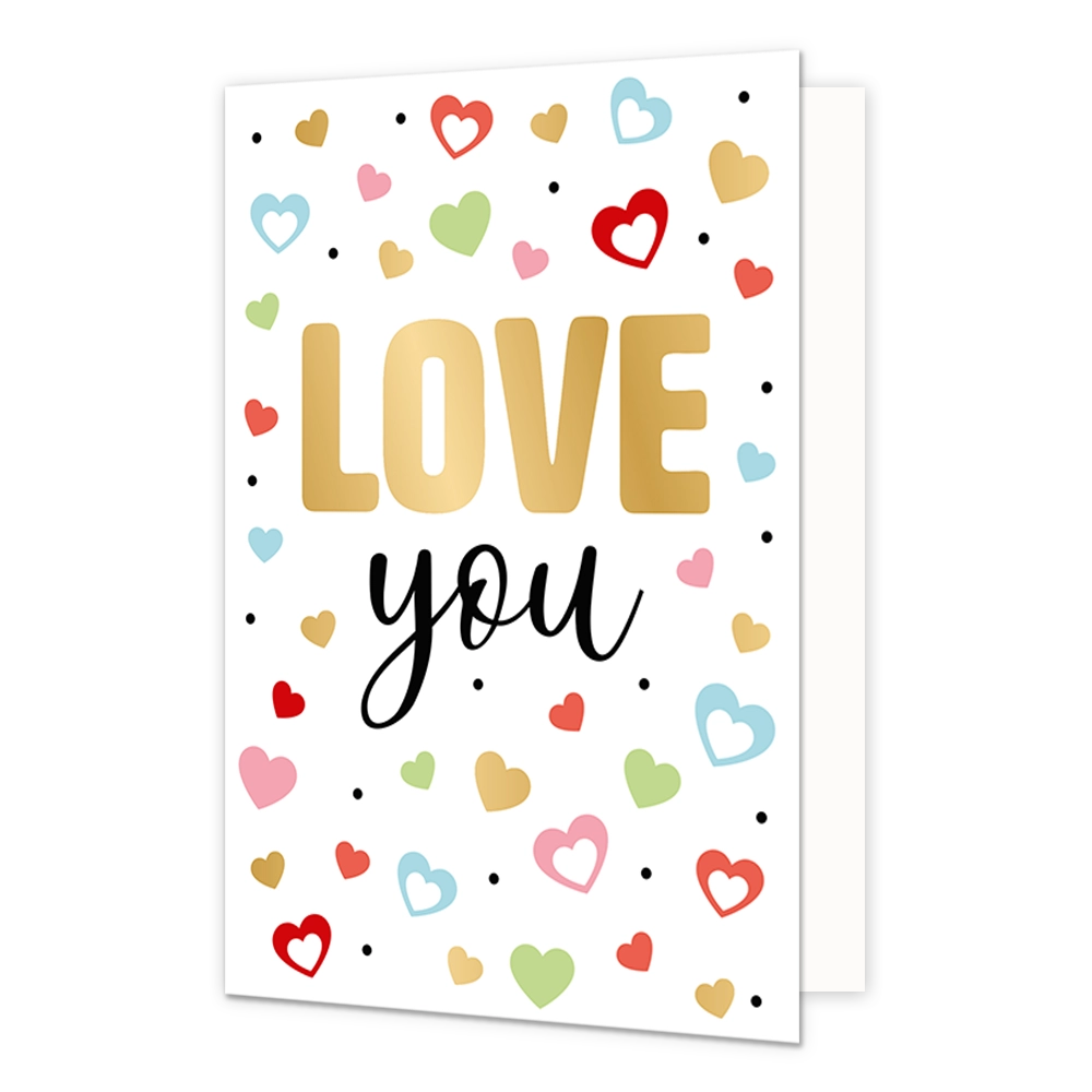 Love you - Formaat: Normaal - Vorm: Staand - Valentijnskaart - Op deze wenskaart staan hartjes in diverse kleuren met in het midden de tekst: "Love you". - Snelwenskaart