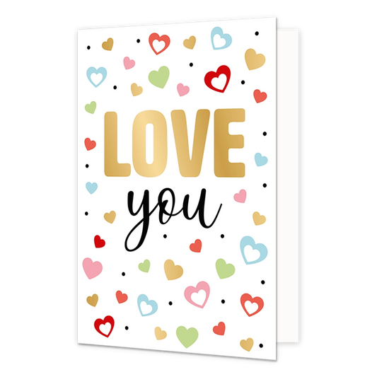 Love you - Formaat: Normaal - Vorm: Staand - Valentijnskaart - Op deze wenskaart staan hartjes in diverse kleuren met in het midden de tekst: "Love you". - Snelwenskaart