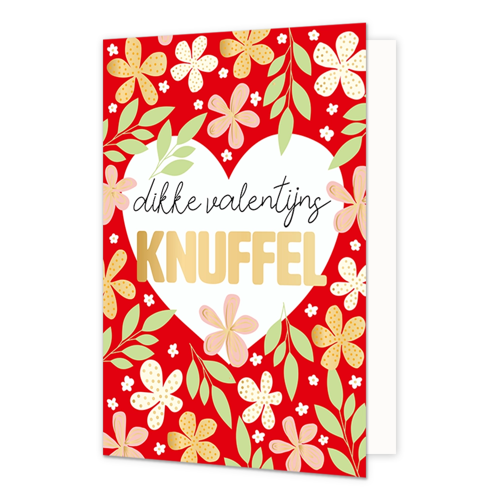 Dikke Valentijnsknuffel - Formaat: Normaal - Vorm: Staand - Valentijnskaart - Op deze wenskaart staat een wit hart omringt door bloemen en in het midden de tekst: "Dikke Valentijnsknuffel". - Snelwenskaart