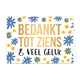 Bedankt tot ziens & veel geluk - Formaat: Standaard - Vorm: Liggend - Bedankkaart - Op deze wenskaart staan meerdere bloemen in het blauw, groen en geel. In het midden staat in het goud de tekst 'bedankt tot ziens' en daaronder in het zwart de tekst '& veel geluk'. - Snelwenskaart