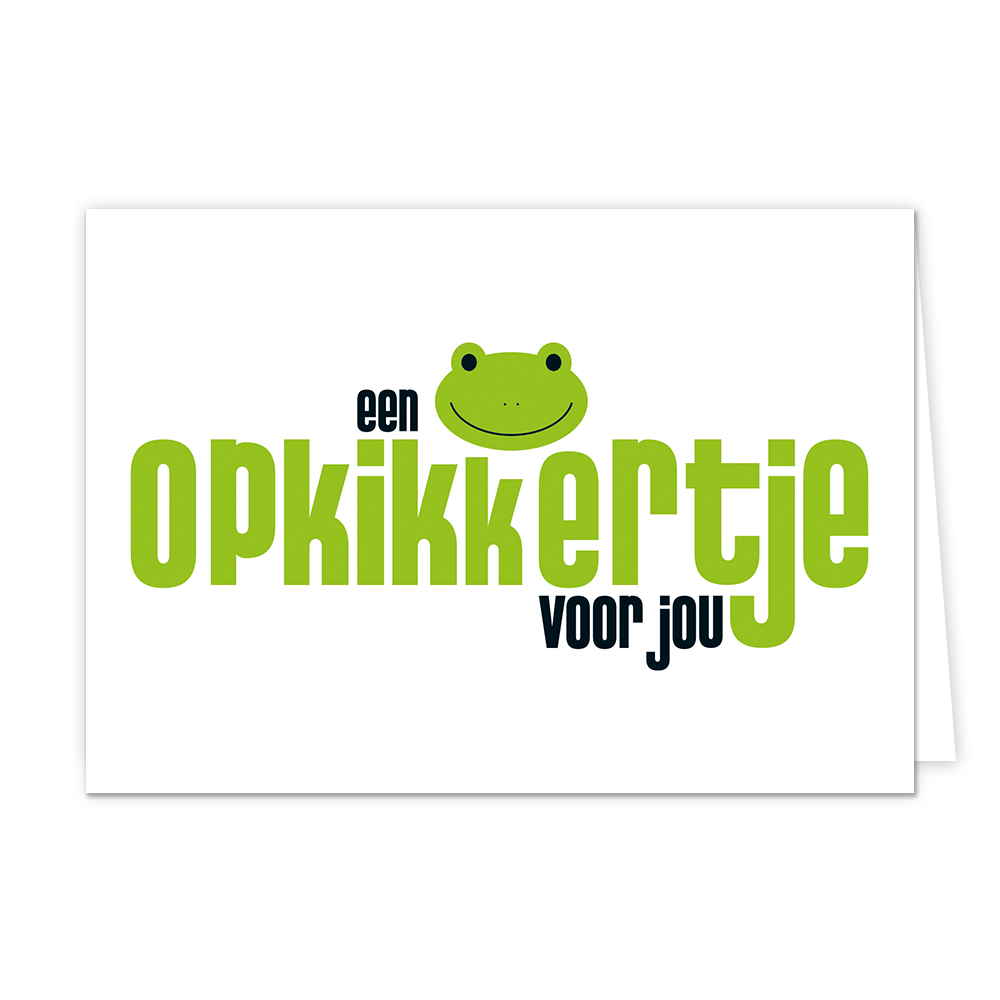Opkikkertje - Formaat: Normaal - Vorm: Liggend - Opkikker kaart - Op deze wenskaart staat de tekst: "Een opkikkertje voor jou" met een getekend kikkertje. - Snelwenskaart