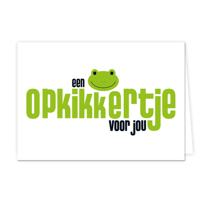 Opkikkertje - Formaat: Normaal - Vorm: Liggend - Opkikker kaart - Op deze wenskaart staat de tekst: "Een opkikkertje voor jou" met een getekend kikkertje. - Snelwenskaart
