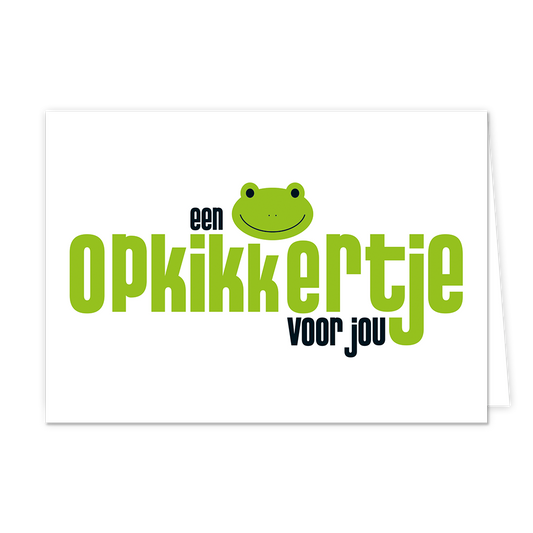 Opkikkertje - Formaat: Normaal - Vorm: Liggend - Opkikker kaart - Op deze wenskaart staat de tekst: "Een opkikkertje voor jou" met een getekend kikkertje. - Snelwenskaart