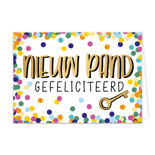 Nieuw pand - Formaat: Normaal - Vorm: Liggend - Woningkaart - Op deze wenskaart staat confetti met in het midden de tekst: "Nieuw pand gefeliciteerd". - Snelwenskaart