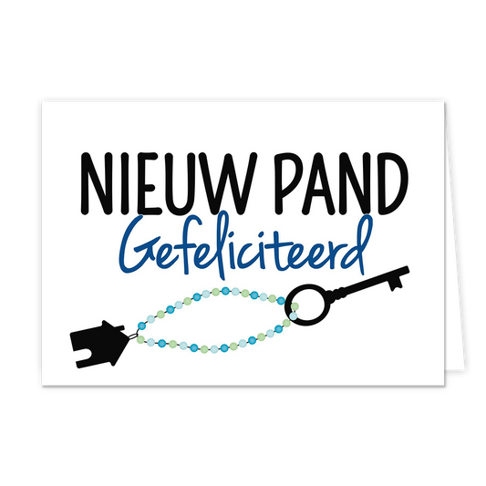 Nieuw pand gefeliciteerd - Formaat: Normaal - Vorm: Liggend - Woningkaart - Op deze wenskaart staat de teskt: "Nieuw pand gefeliciteerd" met daaronder een sleutel. - Snelwenskaart