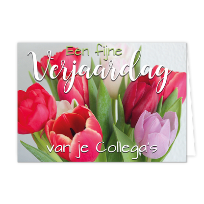 Fijne verjaardag van je collega's - Formaat: Normaal - Vorm: Liggend - Verjaardagskaart - Op deze wenskaart staan tulpen in de kleuren rood, wit en paars met de tekst: "Een fijne verjaardag van je collega's". - Snelwenskaart
