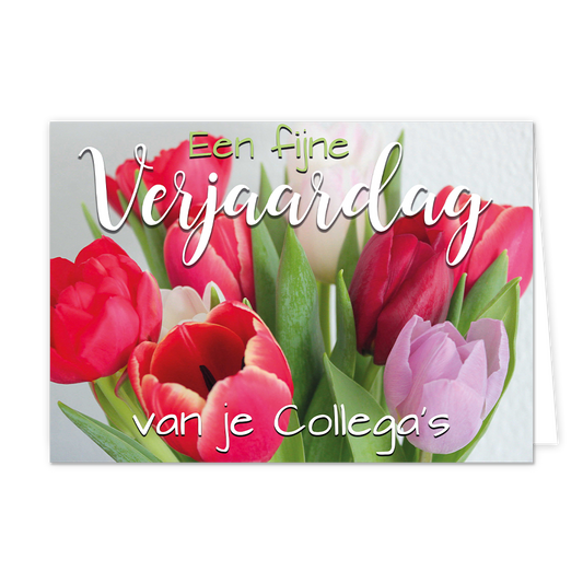 Fijne verjaardag van je collega's - Formaat: Normaal - Vorm: Liggend - Verjaardagskaart - Op deze wenskaart staan tulpen in de kleuren rood, wit en paars met de tekst: "Een fijne verjaardag van je collega's". - Snelwenskaart