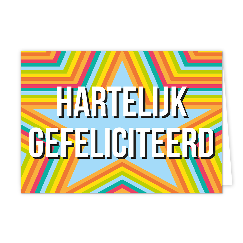 Hartelijk gefeliciteerd - Formaat: Standaard - Vorm: Liggend - Felicitatiekaart - Op deze wenskaart staan sterren in regenboog kleuren met in het midden de tekst: "Hartelijk gefeliciteerd". - Snelwenskaart