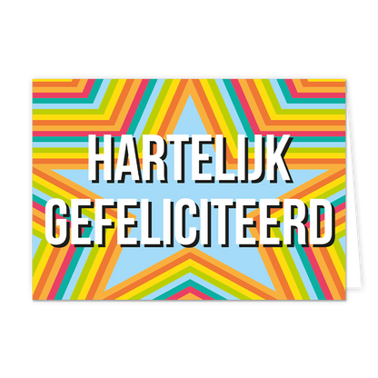 Hartelijk gefeliciteerd - Formaat: Standaard - Vorm: Liggend - Felicitatiekaart - Op deze wenskaart staan sterren in regenboog kleuren met in het midden de tekst: "Hartelijk gefeliciteerd". - Snelwenskaart