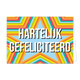 Hartelijk gefeliciteerd - Formaat: Standaard - Vorm: Liggend - Felicitatiekaart - Op deze wenskaart staan sterren in regenboog kleuren met in het midden de tekst: "Hartelijk gefeliciteerd". - Snelwenskaart