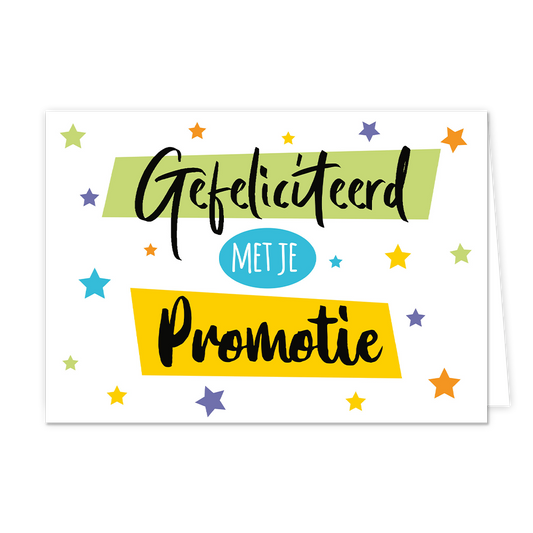 Gefeliciteerd met je promotie - Formaat: Normaal - Vorm: Liggend - Felicitatiekaart - Op deze wenskaart staat de tekst: "Gefeliciteerd me je promotie" met op de achtergrond sterren in de kleuren blauw, paars, oranje, geel en groen. - Snelwenskaart