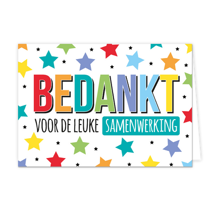Bedankt voor de leuke samenwerking - Formaat: Normaal - Vorm: Liggend - Bedankkaart - Op deze wenskaart staan sterren in de kleuren groen, rood, blauw, paars, geel en oranje. In het midden staat de tekst: "Bedankt voor de leuke samenwerking". - Snelwenskaart