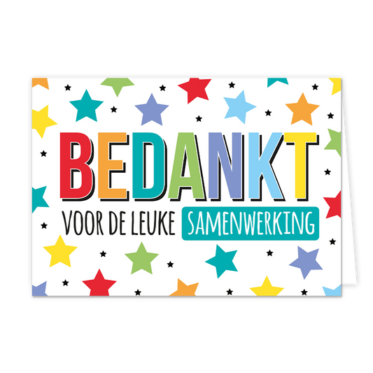 Bedankt voor de leuke samenwerking - Formaat: Normaal - Vorm: Liggend - Bedankkaart - Op deze wenskaart staan sterren in de kleuren groen, rood, blauw, paars, geel en oranje. In het midden staat de tekst: "Bedankt voor de leuke samenwerking". - Snelwenskaart