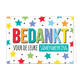 Bedankt voor de leuke samenwerking - Formaat: Standaard - Vorm: Liggend - Bedankkaart - Op deze wenskaart staan sterren in de kleuren groen, rood, blauw, paars, geel en oranje. In het midden staat de tekst: "Bedankt voor de leuke samenwerking". - Snelwenskaart
