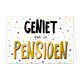 Geniet van je pensioen - Formaat: Standaard - Vorm: Liggend - Pensioenkaart - Op deze wenskaart staat de tekst: "Geniet van je pensioen" met stippen in diverse kleuren op de achtergrond. - Snelwenskaart