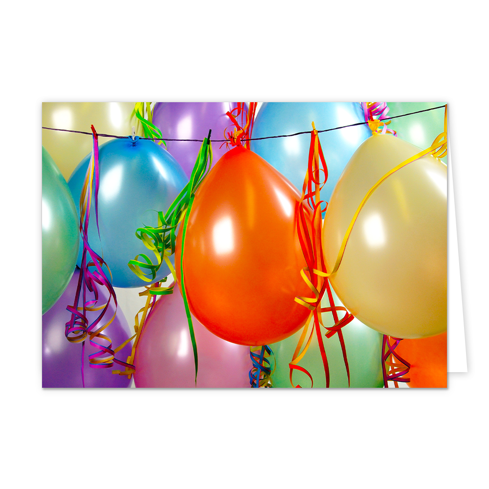 Ballonnen - Formaat: Normaal - Vorm: Liggend - Blanco kaart - Op deze wenskaart staan ballonnen in de kleuren blauw, paars, oranje, geel, groen en roze. - Snelwenskaart