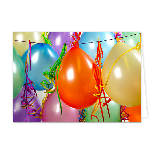 Ballonnen - Formaat: Normaal - Vorm: Liggend - Blanco kaart - Op deze wenskaart staan ballonnen in de kleuren blauw, paars, oranje, geel, groen en roze. - Snelwenskaart