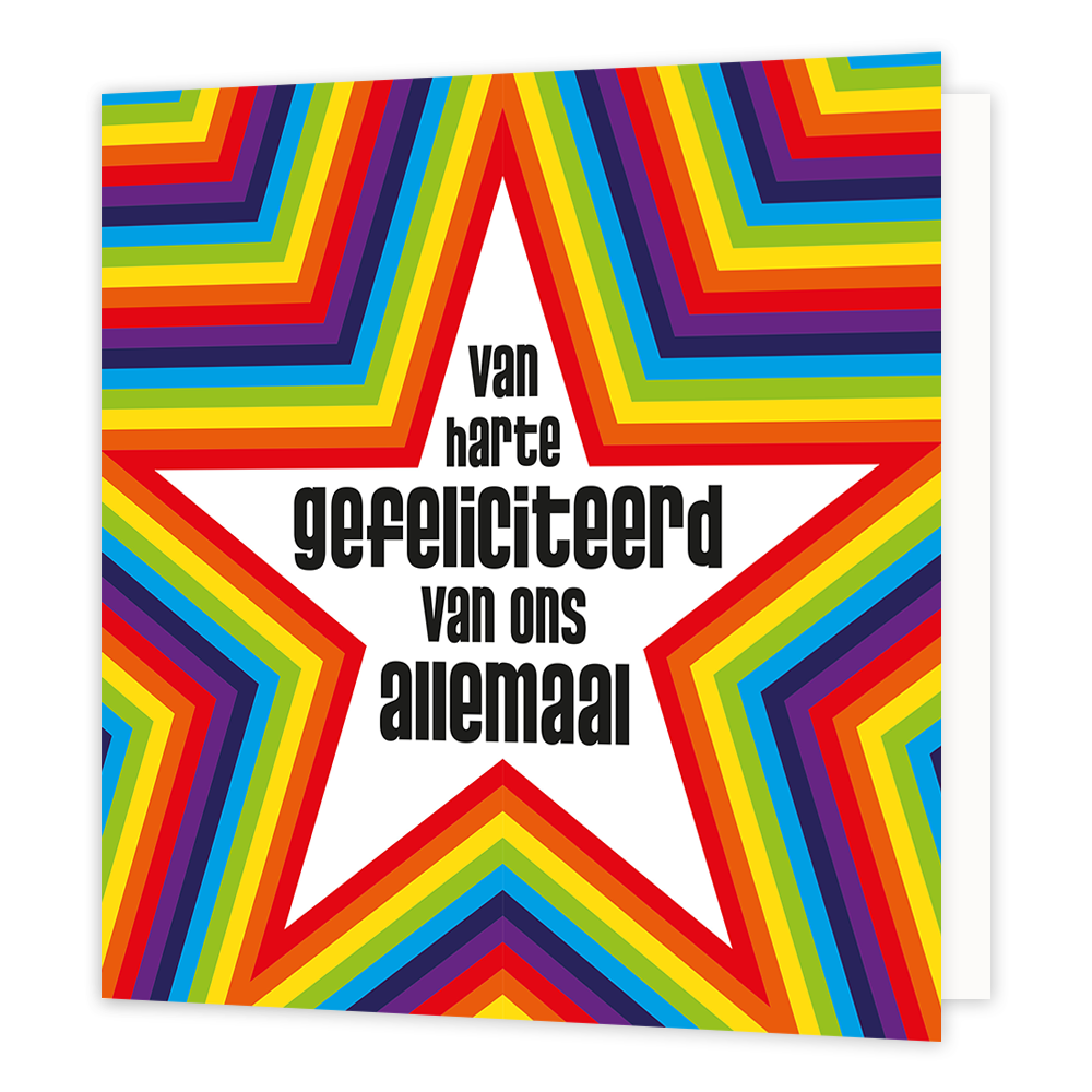 XL kaart - Van harte gefeliciteerd... - Formaat: Groot - Vorm: Vierkant - Felicitatiekaart - Op deze wenskaart staan sterren in regenboog kleuren met in het midden de tekst: "Van harte gefeliciteerd van ons allemaal". - Snelwenskaart