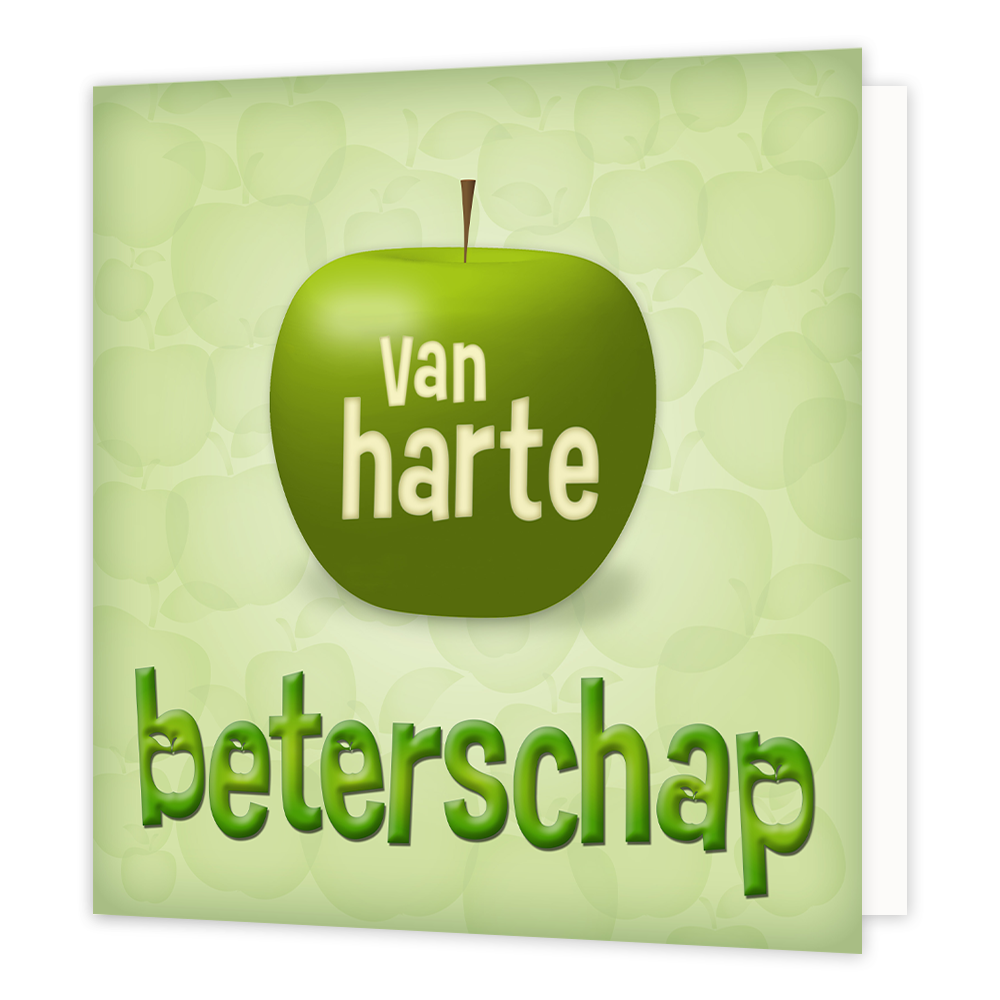 XL kaart - Van harte beterschap - Formaat: Groot - Vorm: Vierkant - Beterschapskaart - Op deze wenskaart staat een appel met daar in en omheen de tekst: "Van harte beterschap". - Snelwenskaart