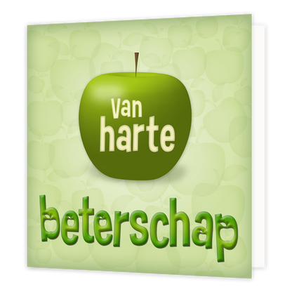 XL kaart - Van harte beterschap - Formaat: Groot - Vorm: Vierkant - Beterschapskaart - Op deze wenskaart staat een appel met daar in en omheen de tekst: "Van harte beterschap". - Snelwenskaart