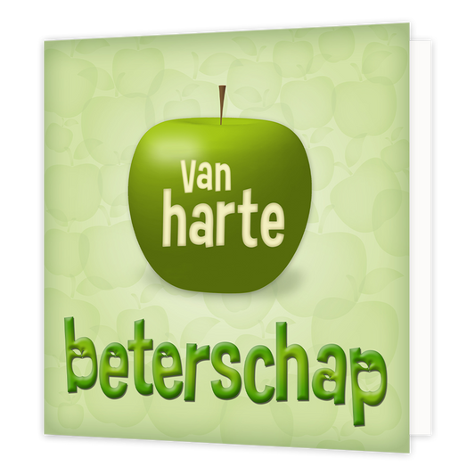 XL kaart - Van harte beterschap - Formaat: Groot - Vorm: Vierkant - Beterschapskaart - Op deze wenskaart staat een appel met daar in en omheen de tekst: "Van harte beterschap". - Snelwenskaart