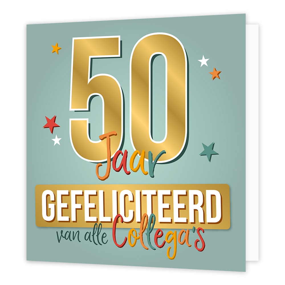 XL kaart - 50 Jaar gefeliciteerd - Formaat: Groot - Vorm: Vierkant - Verjaardagskaart - Op deze wenskaart staat de tekst: "50 jaar gefeliciteerd van alle collega's" met sterren op de achtergrond. - Snelwenskaart