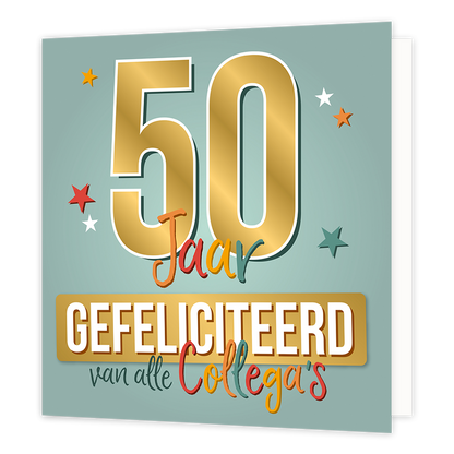 XL kaart - 50 Jaar gefeliciteerd - Formaat: Groot - Vorm: Vierkant - Verjaardagskaart - Op deze wenskaart staat de tekst: "50 jaar gefeliciteerd van alle collega's" met sterren op de achtergrond. - Snelwenskaart