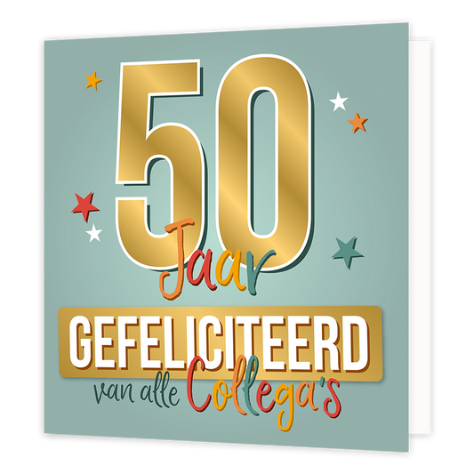 XL kaart - 50 Jaar gefeliciteerd - Formaat: Groot - Vorm: Vierkant - Verjaardagskaart - Op deze wenskaart staat de tekst: "50 jaar gefeliciteerd van alle collega's" met sterren op de achtergrond. - Snelwenskaart