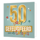XL kaart - 50 Jaar gefeliciteerd - Formaat: Groot - Vorm: Vierkant - Verjaardagskaart - Op deze wenskaart staat de tekst: "50 jaar gefeliciteerd van alle collega's" met sterren op de achtergrond. - Snelwenskaart
