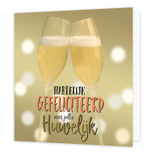 XL kaart - Hartelijk gefeliciteerd - Formaat: Groot - Vorm: Vierkant - Huwelijkskaart - Op deze wenskaart staan twee champagneglazen met de tekst: "Hartelijk gefeliciteerd met jullie huwelijk". - Snelwenskaart