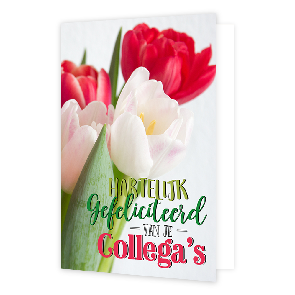 Hartelijk gefeliciteerd van je collega's - Formaat: Klein - Vorm: Staand - Felicitatiekaart - Op deze wenskaart staan tulpen in de kleuren rood en wit met de tekst: "Hartelijk gefeliciteerd van je collega's". - Snelwenskaart