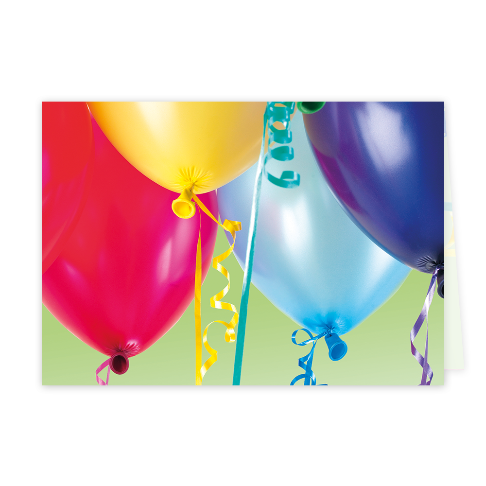 Ballonnen - Formaat: Klein - Vorm: Liggend - Blanco kaart - Op deze wenskaart staan ballonnen in de kleuren rood, geel, blauw en paars. - Snelwenskaart