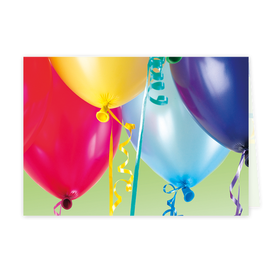 Ballonnen - Formaat: Klein - Vorm: Liggend - Blanco kaart - Op deze wenskaart staan ballonnen in de kleuren rood, geel, blauw en paars. - Snelwenskaart
