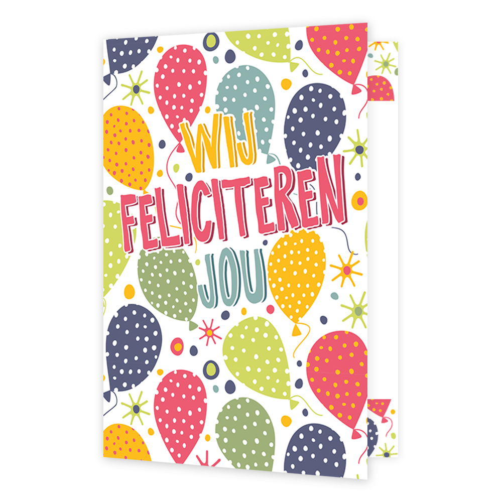 Wij feliciteren jou - Formaat: Klein - Vorm: Staand - Felicitatiekaart - Op deze wenskaart staan gestippelde ballonnen met in het midden de tekst: "Wij feliciteren jou". - Snelwenskaart