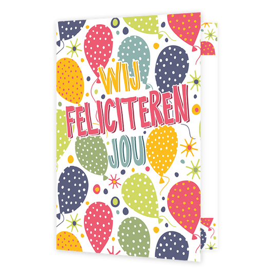 Wij feliciteren jou - Formaat: Klein - Vorm: Staand - Felicitatiekaart - Op deze wenskaart staan gestippelde ballonnen met in het midden de tekst: "Wij feliciteren jou". - Snelwenskaart