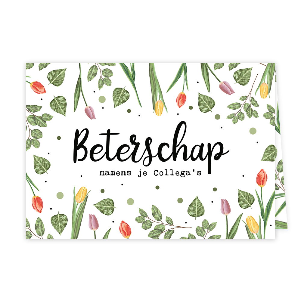 Beterschap namens je collega's - Formaat: Klein - Vorm: Liggend - Beterschapskaart - Op deze wenskaart staan tulpen in de kleuren paars, oranje en geel, omringt door groen bladeren. In het midden staat de tekst: "Beterschap namens je collega's". - Snelwenskaart