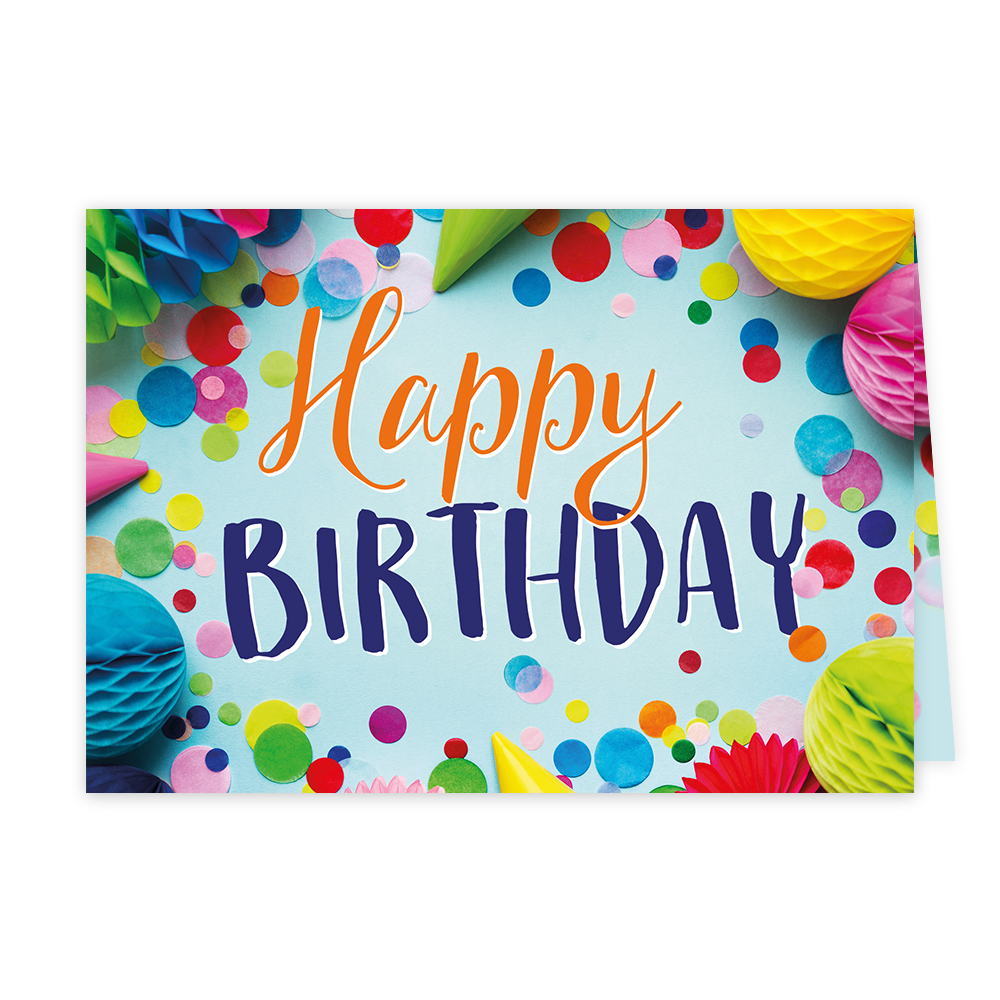 Happy birthday - Formaat: Klein - Vorm: Liggend - Verjaardagskaart - Op deze wenskaart staan confetti, feesthoedjes en slingers in diverse kleuren met in het midden de tekst: "Happy birthday". - Snelwenskaart