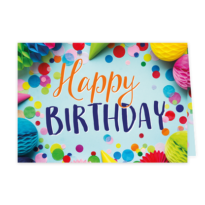 Happy birthday - Formaat: Klein - Vorm: Liggend - Verjaardagskaart - Op deze wenskaart staan confetti, feesthoedjes en slingers in diverse kleuren met in het midden de tekst: "Happy birthday". - Snelwenskaart