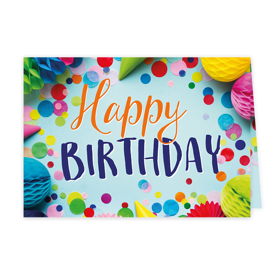 Happy birthday - Formaat: Klein - Vorm: Liggend - Verjaardagskaart - Op deze wenskaart staan confetti, feesthoedjes en slingers in diverse kleuren met in het midden de tekst: "Happy birthday". - Snelwenskaart