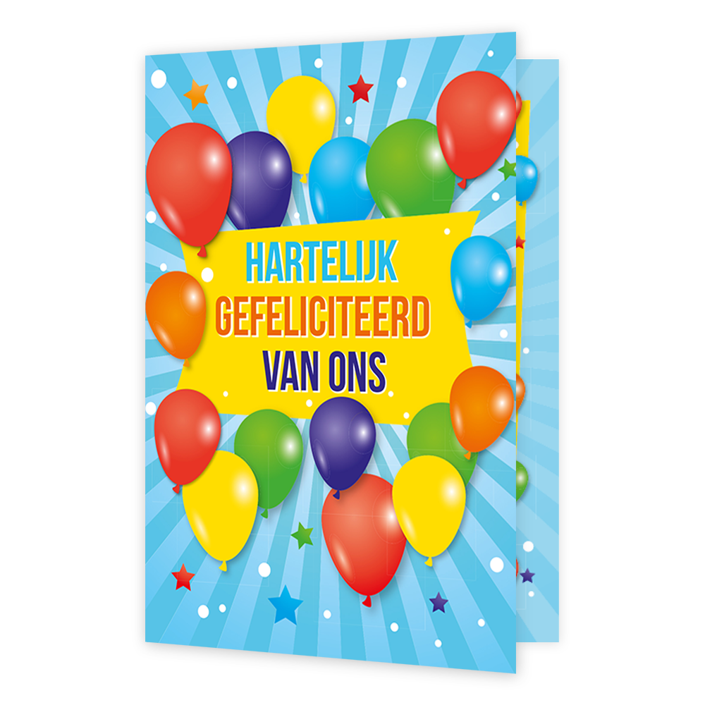 Hartelijk gefeliciteerd van ons - Formaat: Klein - Vorm: Staand - Felicitatiekaart - Op deze wenskaart staan ballonnen in de kleuren rood, oranje, geel, paars, groen en blauw, met in het midden de tekst: "Hartelijk gefeliciteerd van ons". - Snelwenskaart