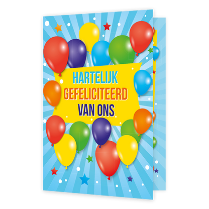 Hartelijk gefeliciteerd van ons - Formaat: Klein - Vorm: Staand - Felicitatiekaart - Op deze wenskaart staan ballonnen in de kleuren rood, oranje, geel, paars, groen en blauw, met in het midden de tekst: "Hartelijk gefeliciteerd van ons". - Snelwenskaart