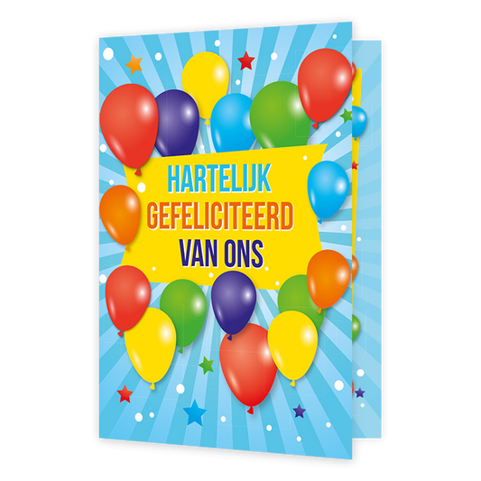 Hartelijk gefeliciteerd van ons - Formaat: Klein - Vorm: Staand - Felicitatiekaart - Op deze wenskaart staan ballonnen in de kleuren rood, oranje, geel, paars, groen en blauw, met in het midden de tekst: "Hartelijk gefeliciteerd van ons". - Snelwenskaart