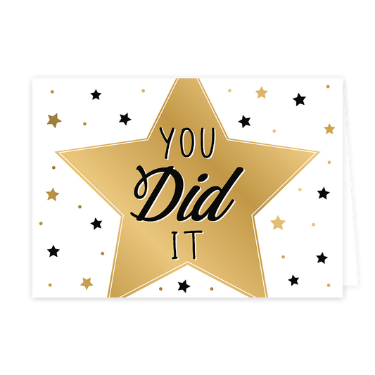 You did it - Formaat: Klein - Vorm: Liggend - Complimentenkaart - Op deze wenskaart staat een grote gouden ster omringt door kleinere gouden en zwarte sterren. In het midden staat de tekst: "You dit it". - Snelwenskaart