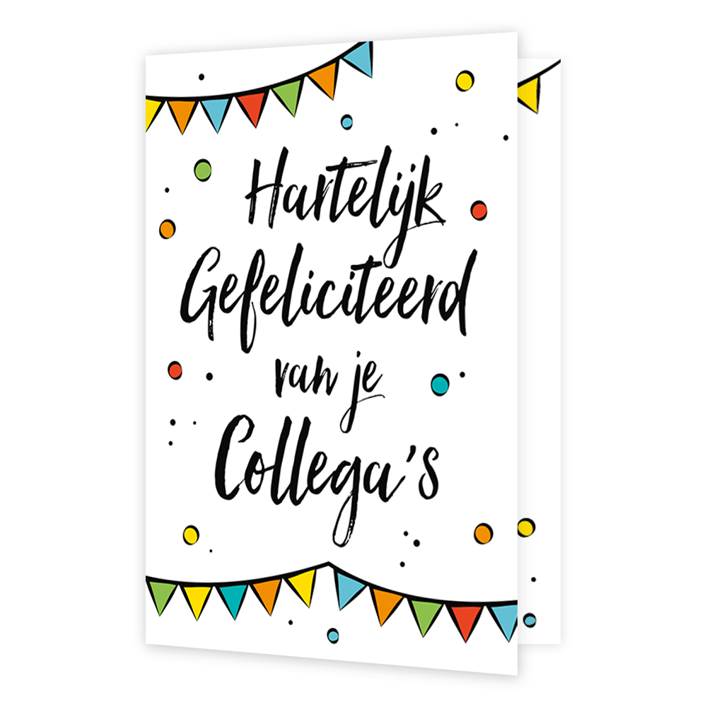 Hartelijk gefeliciteerd van je collega's - Formaat: Klein - Vorm: Staand - Felicitatiekaart - Op deze wenskaart staan slingers en stippen in de kleuren rood, groen, blauw, geel en oranje. In het midden staat de tekst: "Hartelijk gefeliciteerd van je collega's". - Snelwenskaart