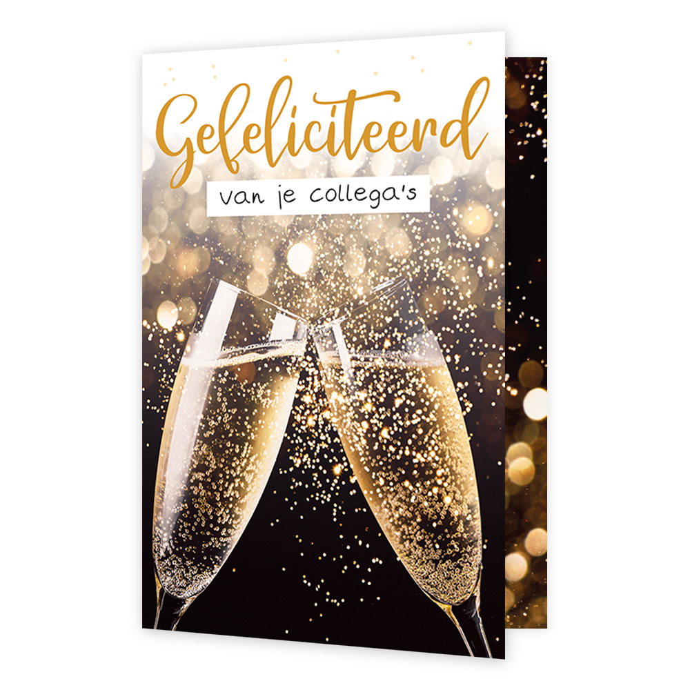 Gefeliciteerd van je collega's - Formaat: Klein - Vorm: Staand - Felicitatiekaart - Op deze wenskaart staan twee champagneglazen met daarboven de tekst: "Gefeliciteerd van je collega's". - Snelwenskaart